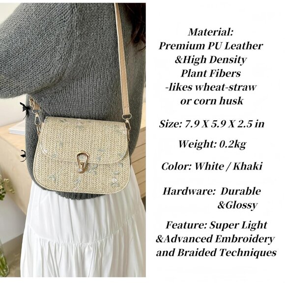 Women Small Embroidered Crossbody Braided Straw Bag Khaki Lightweight - Picture 3 of 7